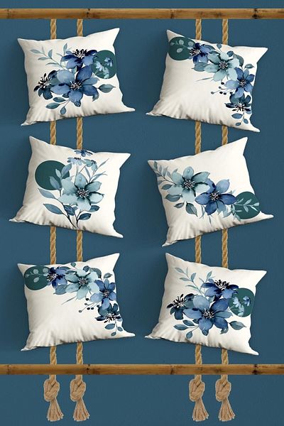Belle Benoit Set de 6 design albastru și alb cu imprimeu dublu față, decorativ, husă de pernă pentru canapea, husă de pernă