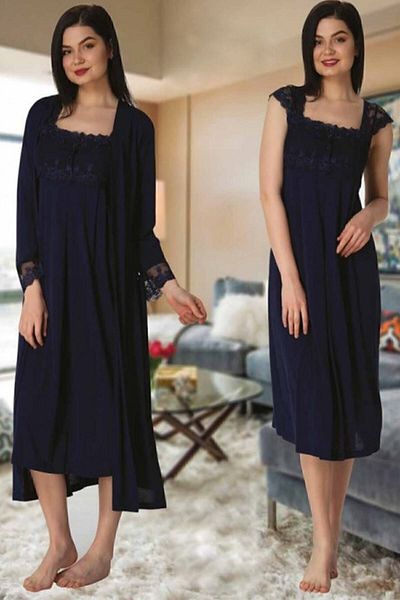 Effort Pijama Zerre Bebe Women's Navy Blue Maternity Nightgown with Dressing Gown 2302