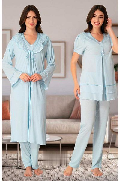 Effortt Blue Lace Collar Women's Pajamas and Dressing Gown Set - Pregnant and Maternity