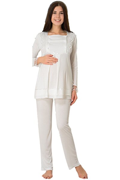 Effortt Γυναικείο Σετ Πιτζάμες εγκυμοσύνης εκρού ρόμπα δαντέλα 2015
