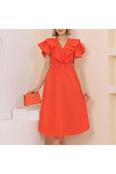 msm fashion Rochie de vară pentru femei de lungime midi - mânecă scurtă, decolteu în V, talie cu volan elastic