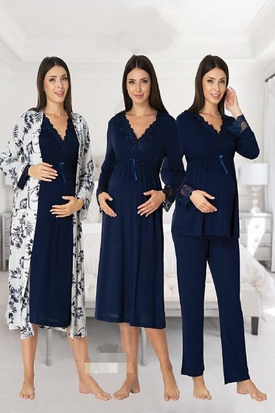 Effort Pijama طقم بيجامات بأكمام طويلة باللون الأزرق الداكن من Zerre Bebe، ثوب نوم، ثوب نوم للحوامل، طقم مكون من 4 قطع