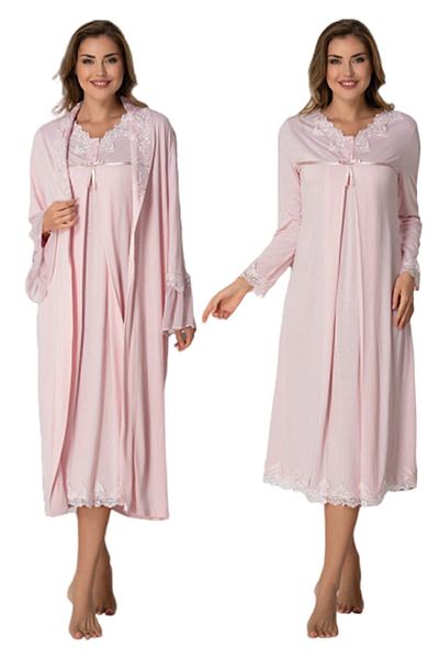 Effort Pijama Effortt Pink Lace Maternity Nightgown Set with Dressing Gown 7035