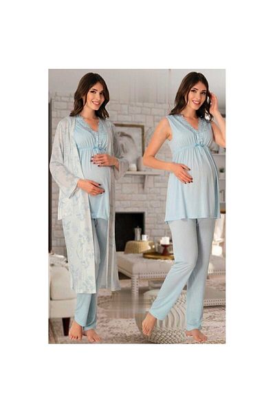 Effort Pijama Set 3 piese de maternitate cu model albastru pentru femei cu halat