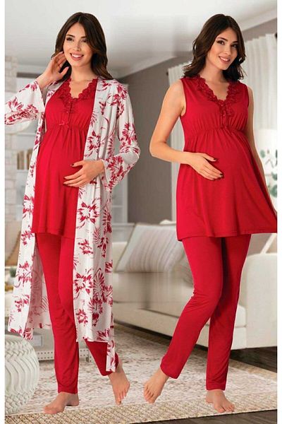 Effort Pijama Effortt 8034 Fuchsia Collar Lace Patterned Maternity Pajamas Set with Dressing Gowns