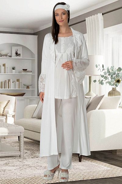 Mecit Pijama Σετ πιτζάμες εγκυμοσύνης εκρού με ρόμπες
