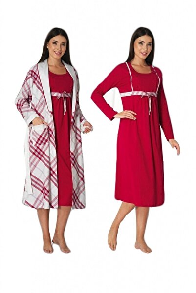 HAMİLE ÇARŞISI ثوب نوم للحوامل من Effortt 8085 مع ثوب صباحي بلون الكرز