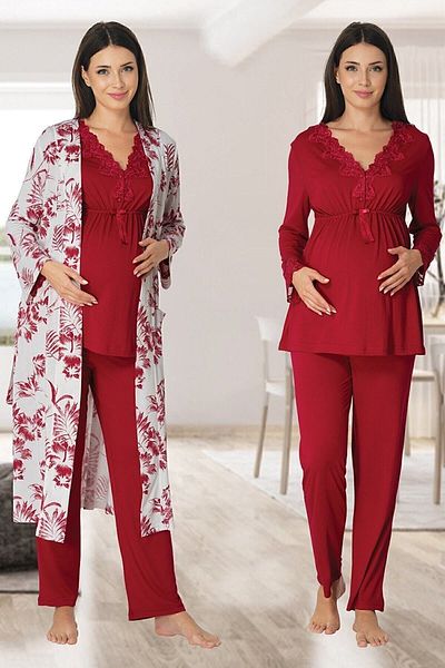 Effortt Set pijamale de maternitate cu model cireșe cu halat 8094