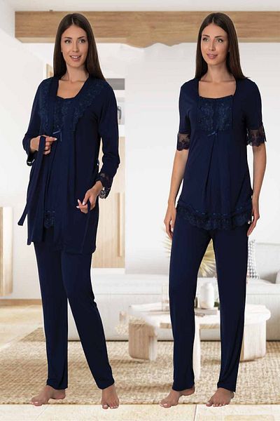 Effortt Mayss Collections 6034 Navy Blue Maternity Pajamas Set with Breastfeeding Feature and Dressing Gown