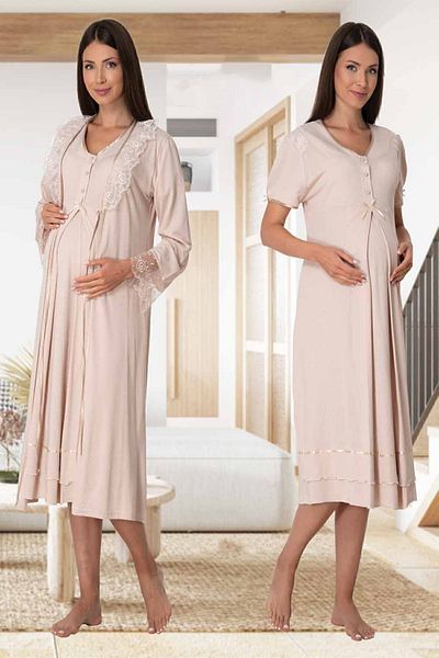 Effortt Mayss Collections 8025 Mink Color Maternity Nightgown Set with Dressing Gown