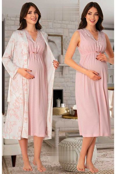 Effort Pijama Effortt 8035 Powder Collar Lace Patterned Maternity Nightgown Set with Dressing Gown