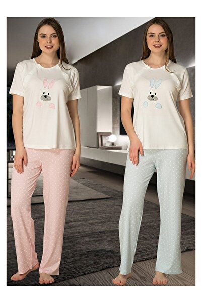 kaktüslohusa Effort Women's Blue Short Sleeve Rabbit Figured Maternity Maternity Pajama Set 2074