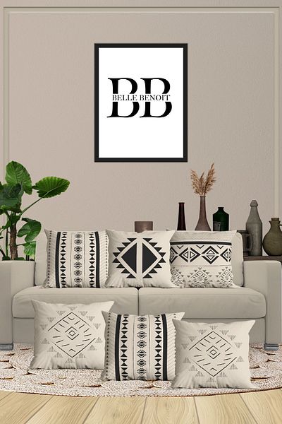 Belle Benoit Sada 6 kusů Ecru Black Design Oboustranně potištěné, dekorativní, povlak na polštář na pohovku, povlak na polštář
