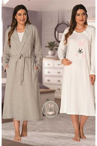 Effort Pijama Freya Effort Pink Rabbit Patterned Maternity Nightgown Dressing Gown Set