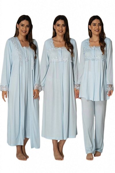 HAMİLE ÇARŞISI Women's Baby Blue Dressing Gown Long Sleeve Maternity Pajamas Nightgown Set 2405