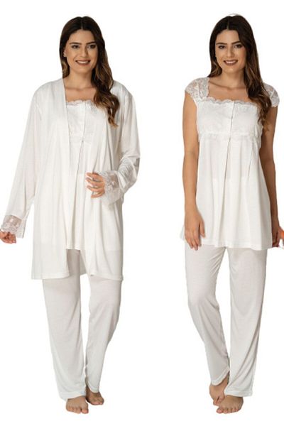 Effort Pijama Women's Ecru Maternity Pajamas Set with Dressing Gown 2301