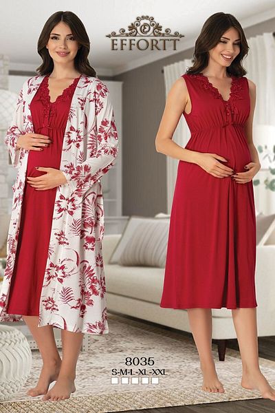 Effort Pijama Cămașă de noapte de maternitate cu model cireș Effortt 8035 cu halat
