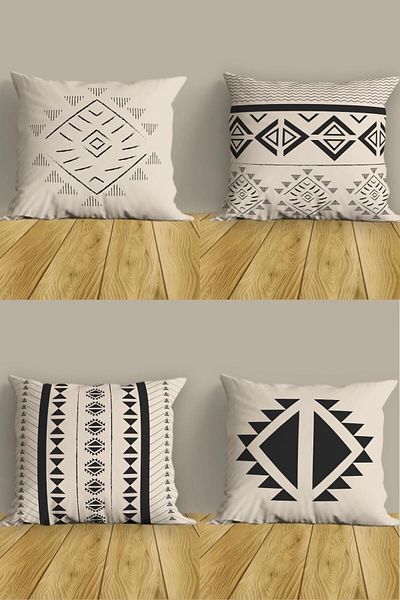 Belle Benoit Μπεζ και μαύρο Bohemian Design - Σετ 4 εμπριμέ διακοσμητικών καναπέδων και μαξιλαριών