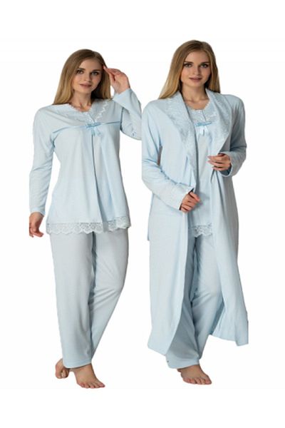 Effortt Set pijama lung de maternitate albastru cu halat 4034