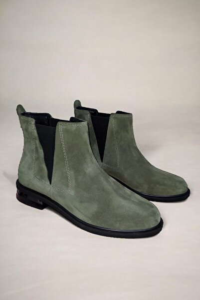 ERS Air Comfort Kadın Hakiki Süet Deri Haki Chelsea Bot - Rahat ve Şık Günlük Kışlık Lastikli Bilekte Bot K.177-037