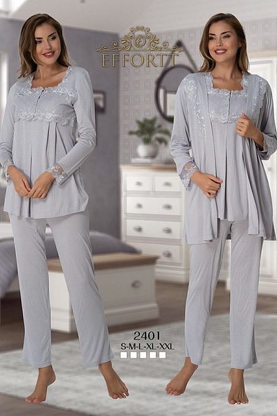 Effortt 2401 Women's Gray Maternity Pajamas Set with Robe