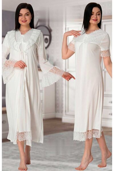 ByLohusa Комплект нощница за бременни Effott Ecru с пеньоар