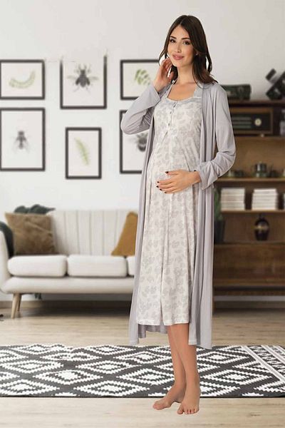 Effortt Mayss Collections 8015 Gray Color Maternity Nightgown Set with Dressing Gown