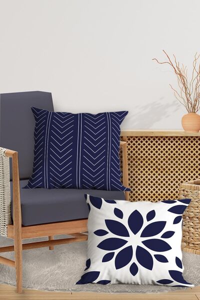 Belle Benoit Set de 4 fețe de pernă cu imprimeu digital pe două fețe, albastru-marin-alb, cu fermoar, 43x43 cm