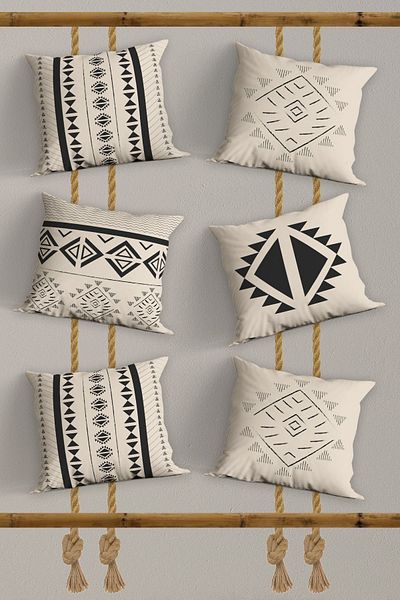 Belle Benoit Sada 6 kusů Ecru Black Design Oboustranně potištěné, dekorativní, povlak na polštář na pohovku, povlak na polštář
