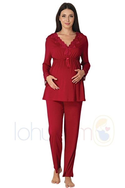 Effortt 8092 Lace Decorated Cherry Maternity Pajamas Set