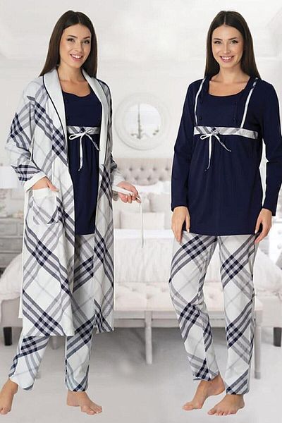 Effort Pijama Large Size Plaid Dressing Gown 3-Piece Set