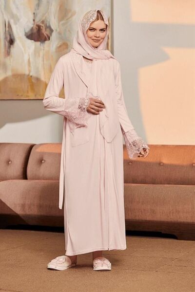 ByLohusa Set cămașă de noapte pentru maternitate Hijab roz Mecit cu halat 5417