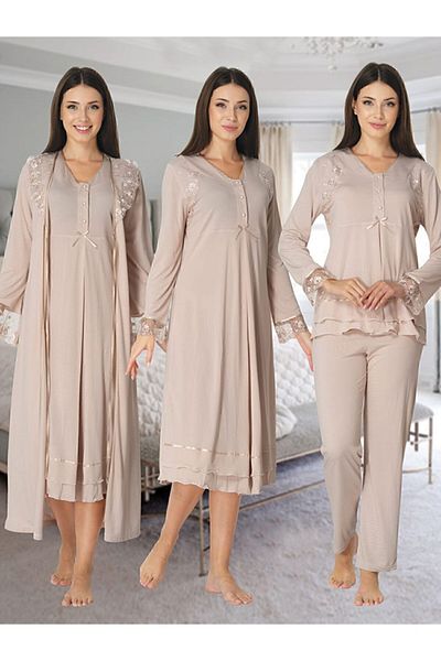 Effort Pijama طقم بيجامة بأكمام طويلة للنساء من Zerre Bebe باللون البني الحليبي للحوامل مكون من 4 قطع 2426