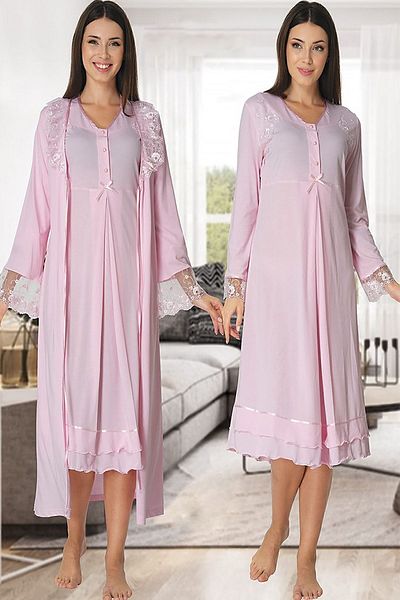 Effort Pijama Zerre Bebe Women's Pink Maternity Long Sleeve Nightgown Set with Dressing Gown