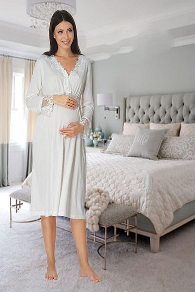 Effort Pijama Zerre Bebe Women's White Long Sleeve Pajamas Set Nightgown Dressing Gown Maternity Pregnant 4 Pieces Set