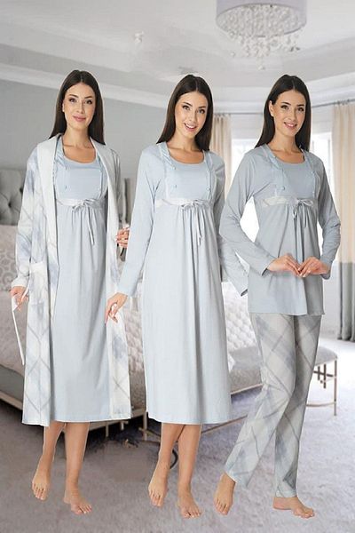 Effort Pijama Zerre Bebe Women's Blue Checkered Long Sleeve Pajamas Set Nightgown Dressing Gown Maternity Pregnant 4 Pieces Set 8086