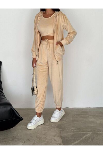 SUSEEMODA Üçlü Kadife Eşofman Takımı Bej