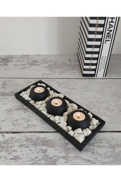 Bautinq Store Dekoratif Siyah Renk Tabaklı 3'lü Mumluk Set(MUMLAR TAŞLAR DAHİ...