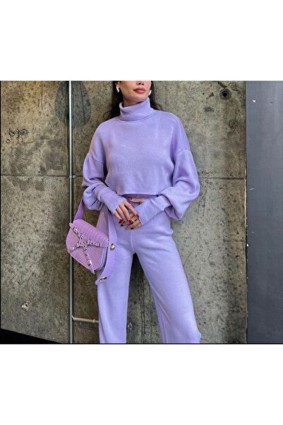 Genel Markalar Lila Balıkçı Yaka Crop Parmak Geçirmeli Triko Pantolon Takım