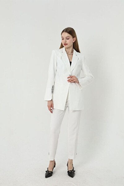 msm fashion Steindetailliertes Damen-Blazer- und Hosen-Set – Paspelbein