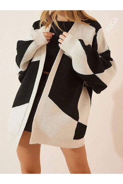 Sun Art Knitting Black Beige Patterned - Thick Soft Knitwear Women's Cardigan...