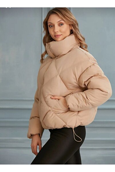 msm fashion Palton puf pentru femei supradimensionat cu guler lat cu model diamantat