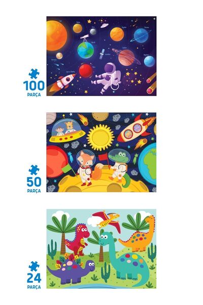 Neverland 3'lü Çocuk Yapboz - 24 Parça Sevimli Dinozorlar Ve 50 Parça Ay Hayvanları Ve 100 Parça Gezegenler