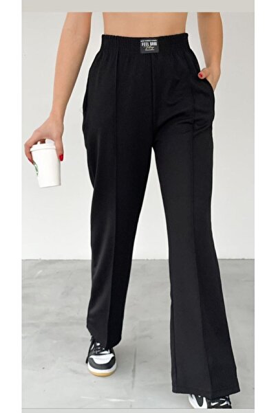 gozdefashion بنطال رياضي نسائي أسود واسع الساق بملمس جيد ومطرز