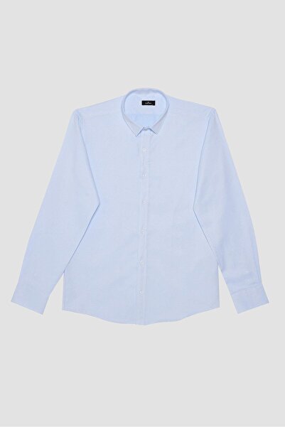 Tudors Erkek Modern Fit Dar Kesim Pamuklu Kolay Ütü Armürlü Mavi Gömlek