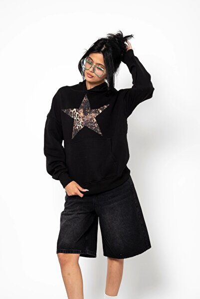 Bak Moda Unisex Premium Μαύρο Hoodie - Leopard Starz Printed, Oversize