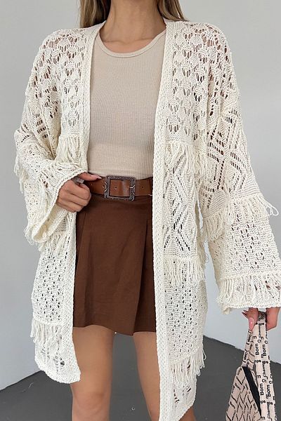 Cistern İstanbul Women's Ecru Tassel Detailed Long Openwork Sweater Cardigan