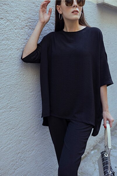 soBasic Черен ленен комфортен костюм от две части от вискоза