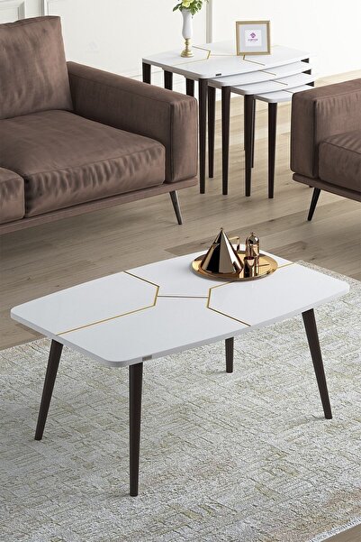 Canisa Lyon Serisi Beyaz Mdf Ceviz Vernikli Orta Sehpa Ceviz Ayaklı