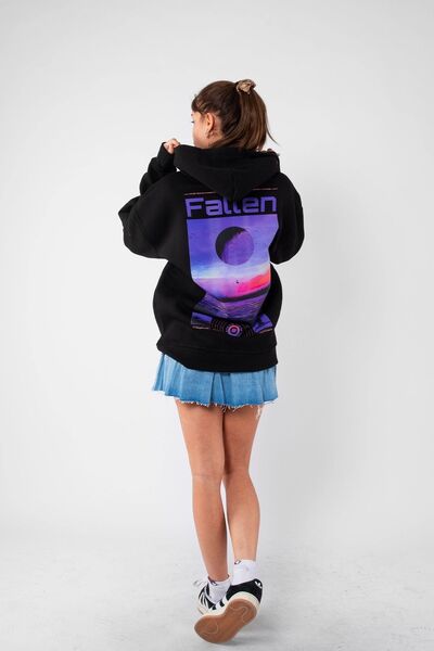 Bak Moda Fallen Printed Oversize Unisex Μαύρο Φούτερ με κουκούλα